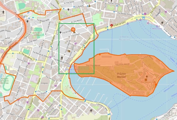 Map showing the part of Gżira discussed in this guide