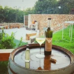 Wine and glass on an oak wine barrel