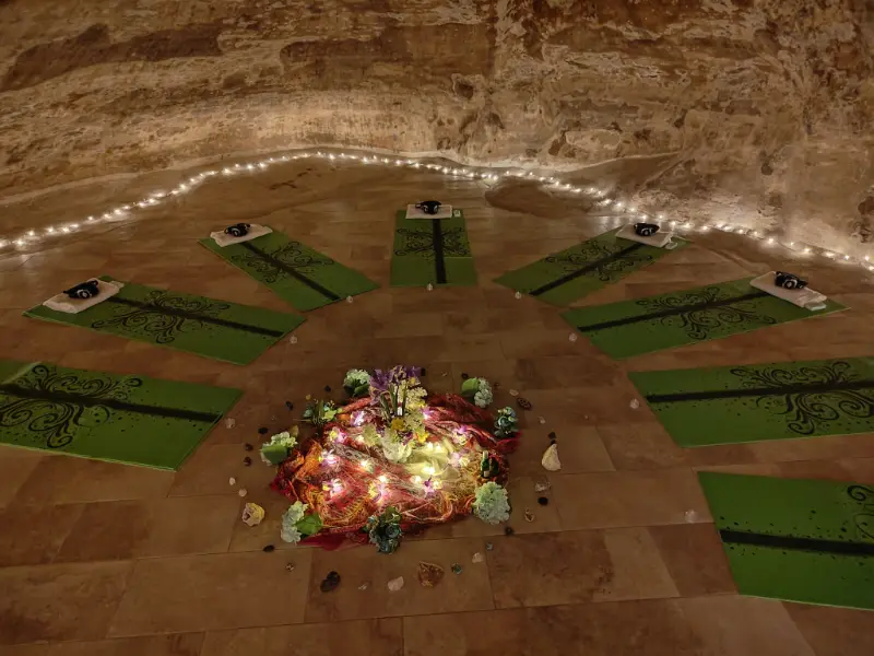 A breath work circle in preparation for the ice bath and the rebirth ceremony