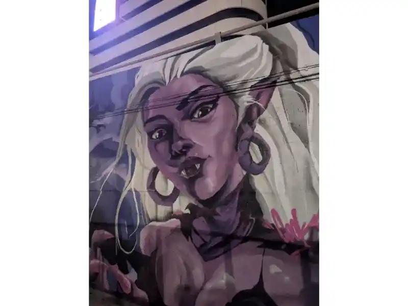 A young lady with large round earrings and white hair, Malta street art