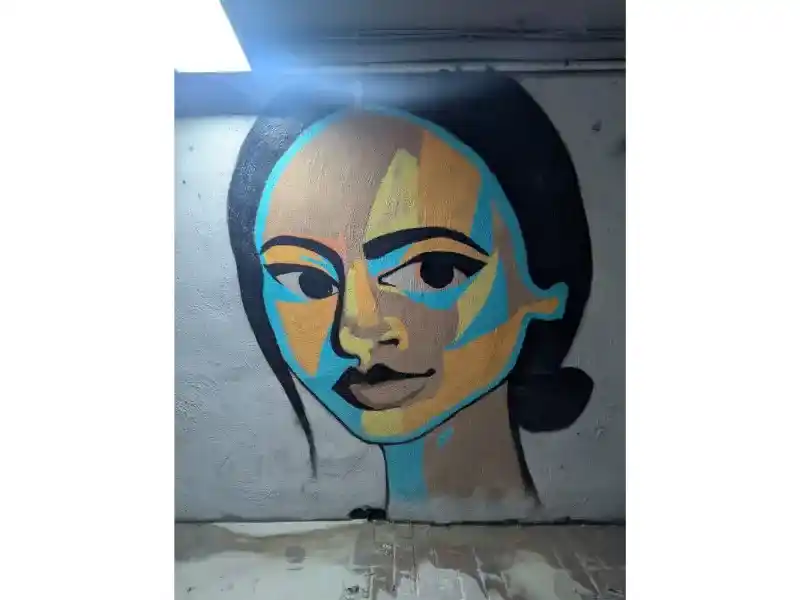 A woman with a deep pensive look, with skin of different colours, Malta street art