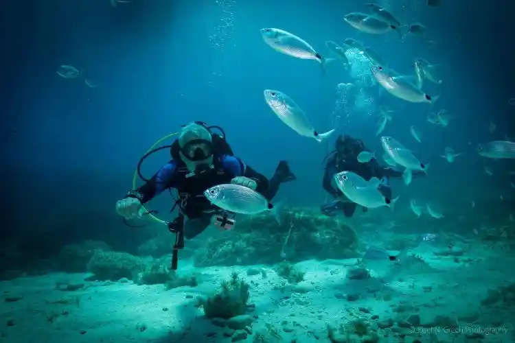 Divers in Malta, approaching an under sea cave