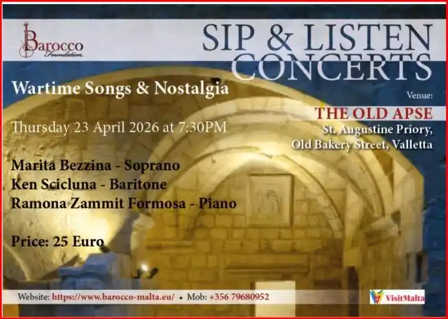 Poster for Wartime Songs and Nostalgia at St Augustine Priory Apse in Valletta in 2026