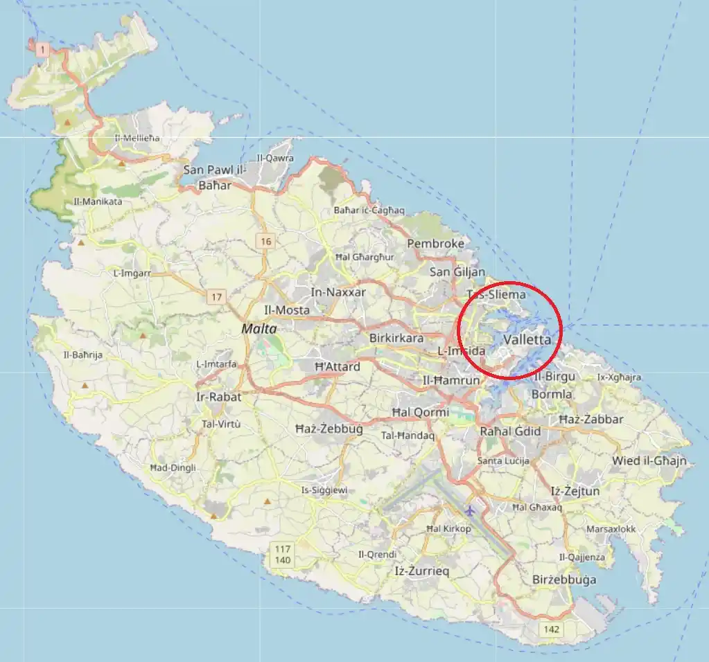 Malta map showing where Valletta, Sliema, St Julian's and Gżira are in relation to each other
