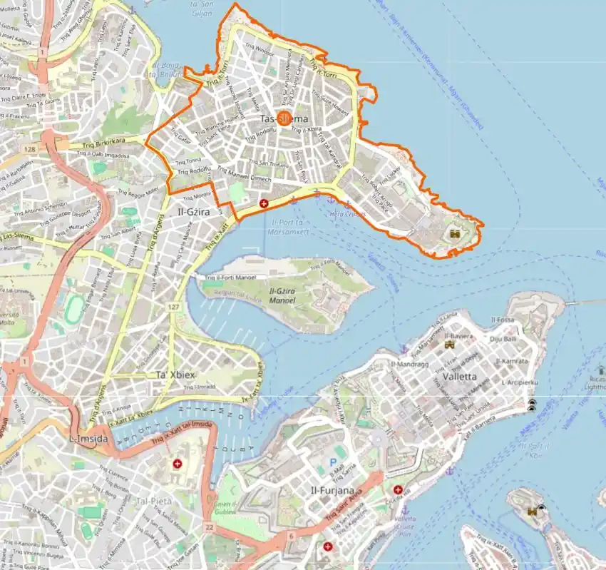 Map of Sliema showing the peninsula and promenade layout