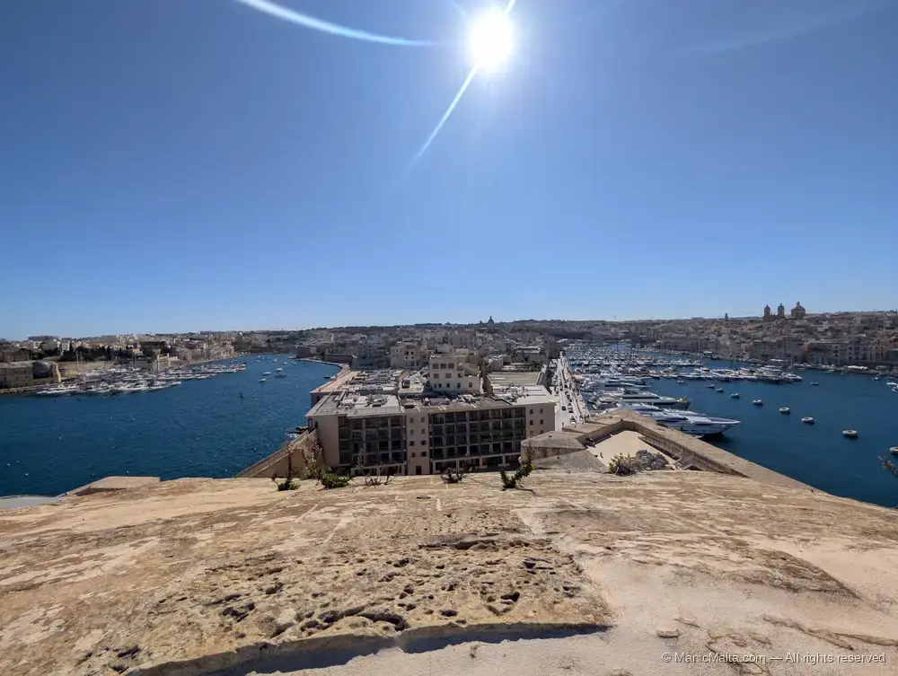 View from the upper cavalier of Fort St Angelo over the Grand Harbour, with Senglea marina in the foreground and the bastions of Valletta in the distance