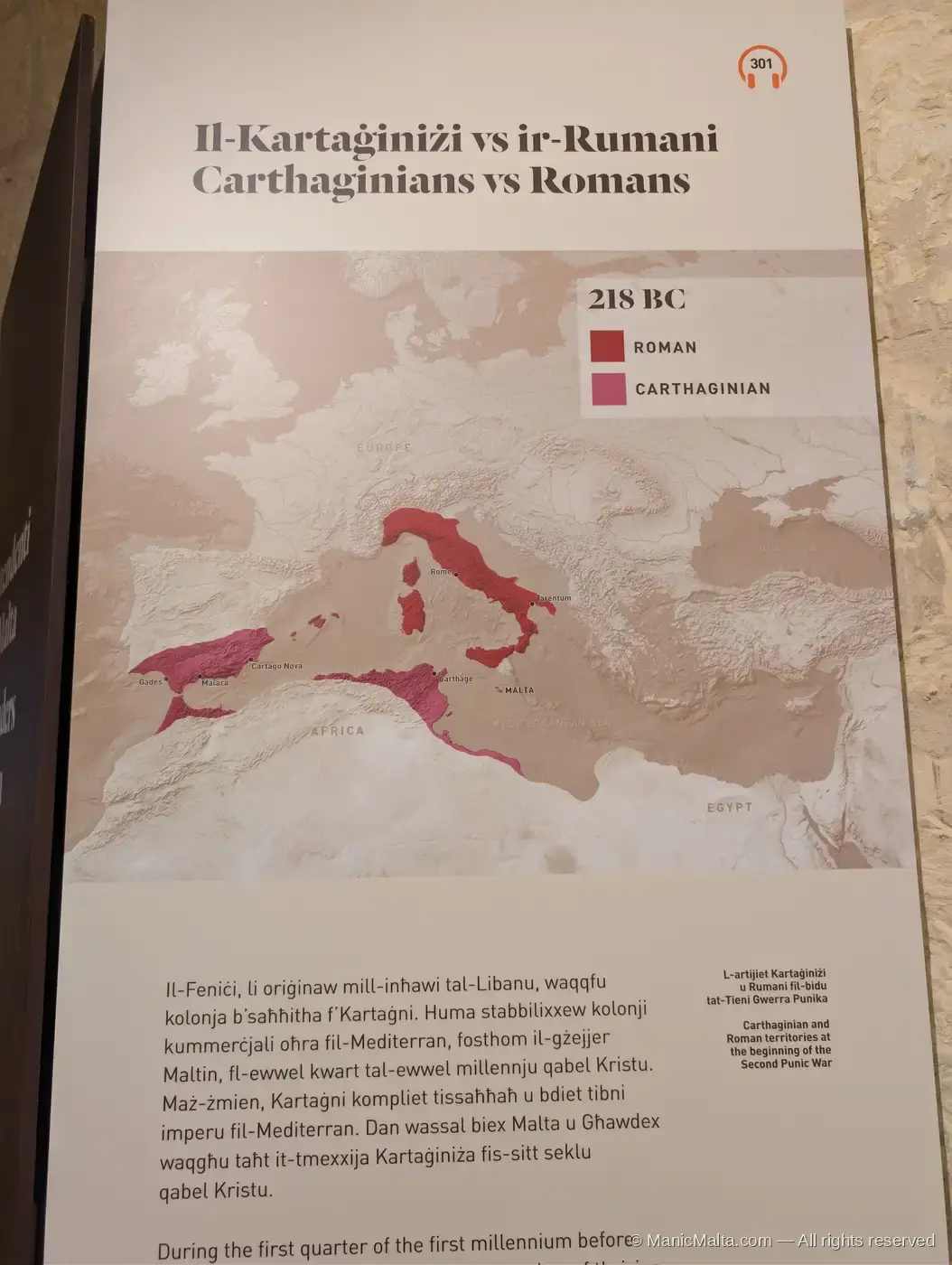 Interpretive panel inside Fort St Angelo titled Il-Kartaġiniżi vs ir-Rumani / Carthaginians vs Romans, with a map of the central Mediterranean showing Roman and Carthaginian territories in 218 BC