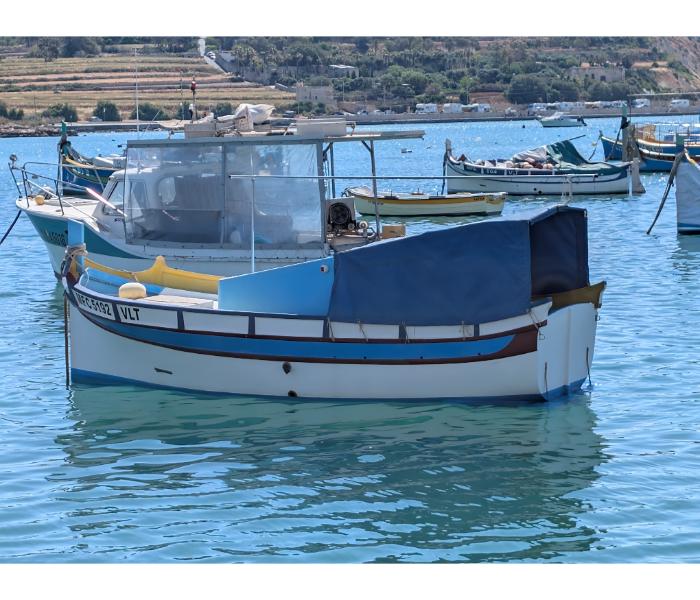 Blue cabin luzzu fishing boat moored close to the Marsaxlokk waterfront with hillside terraced fields visible across the bay