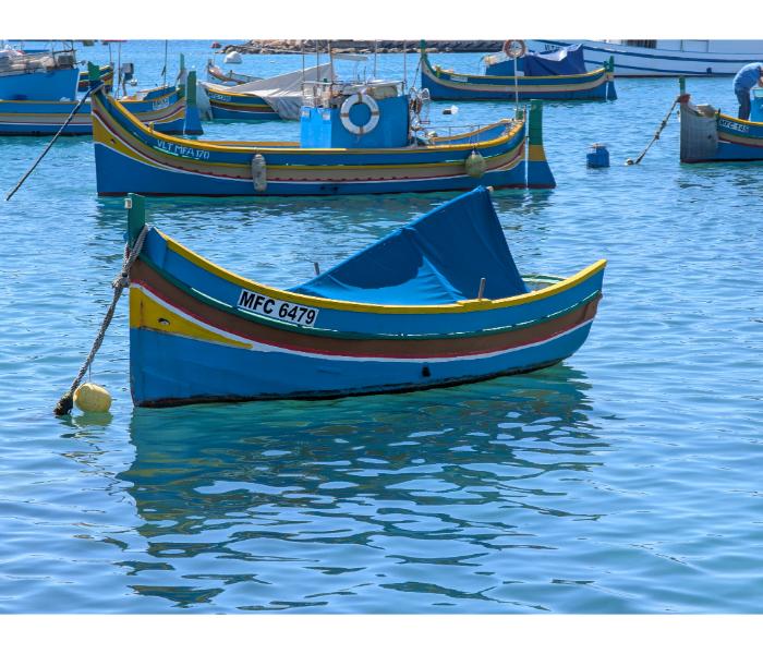 Bright blue luzzu numbered MFC 6479 with traditional yellow and red trim, moored at a Marsaxlokk buoy