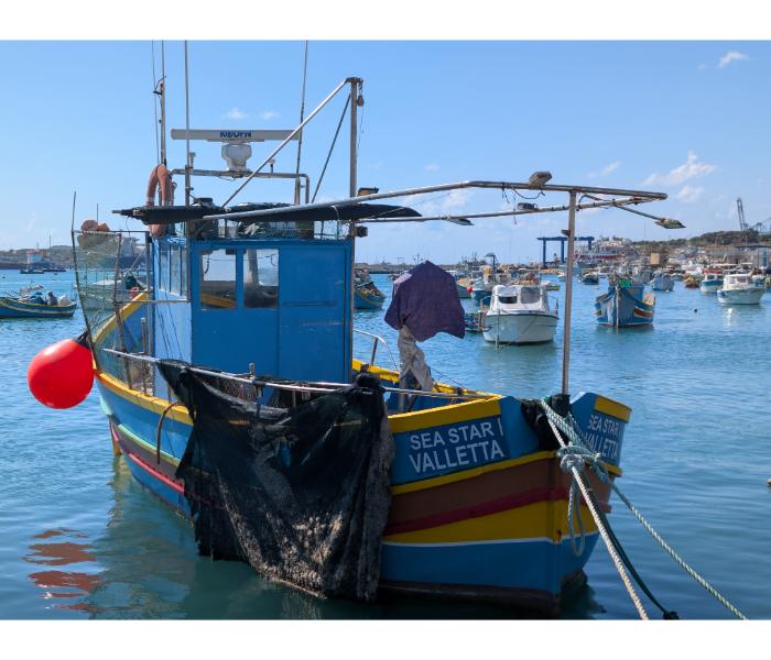 The blue and yellow fishing boat Sea Star registered in Valletta, with a red mooring buoy alongside, photographed in Marsaxlokk harbour